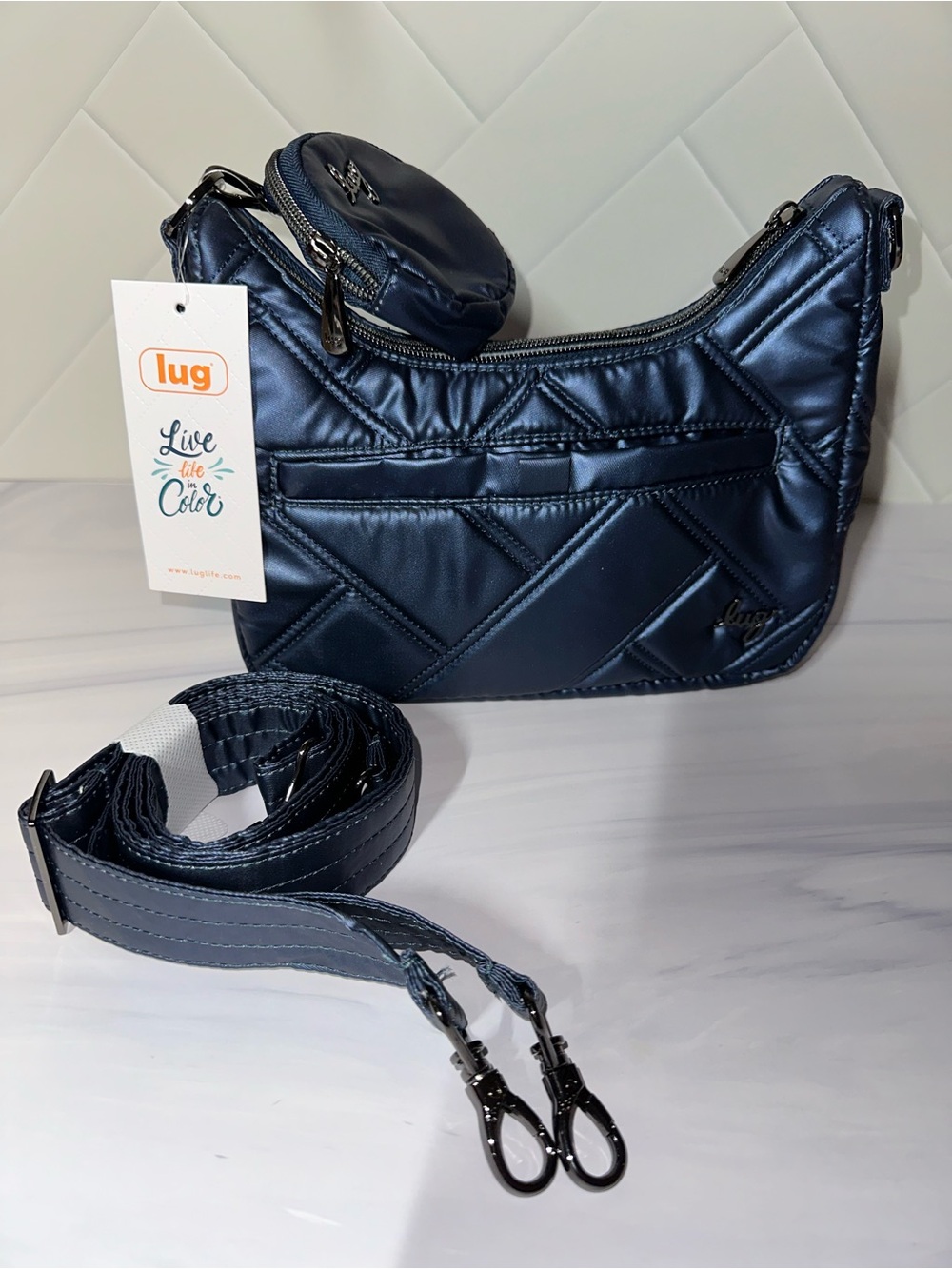 Lug Curtsy Mini crossbody with coin purse - Metallic Indigo blue - 2 straps NEW